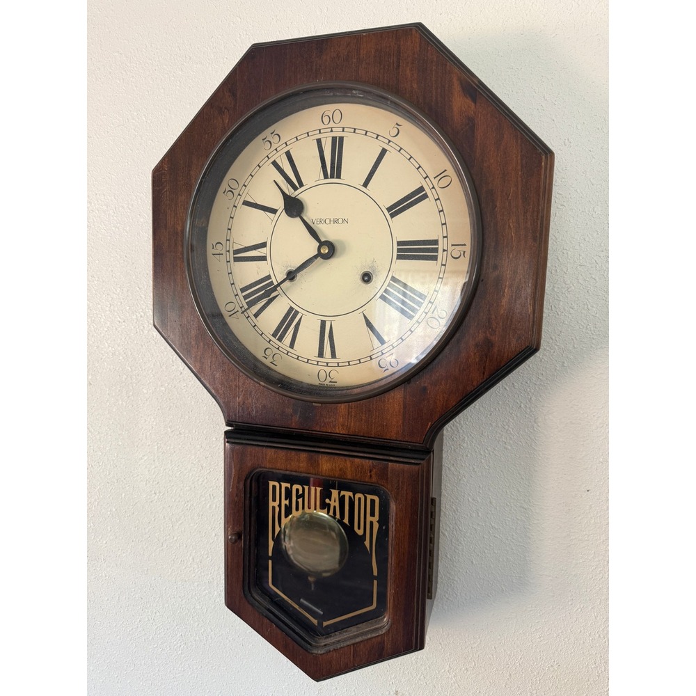 Verichron Regulator Wall Clock Vintage Wood Octagon Key Wind Pendulum USA